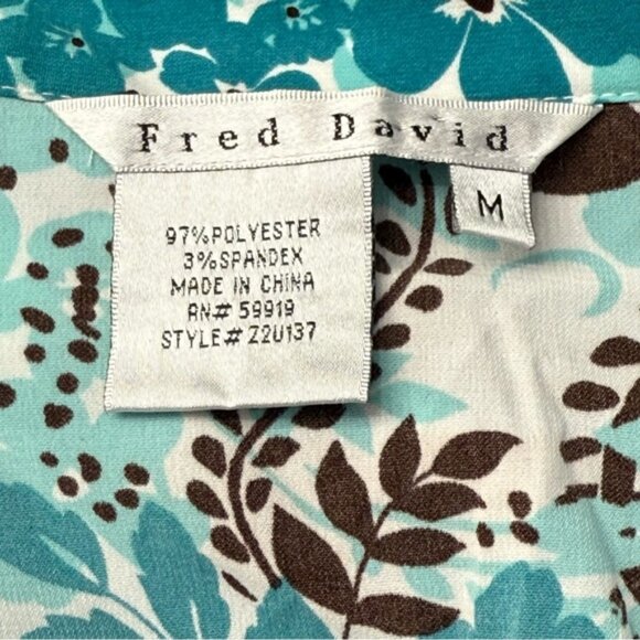 Fred David Women's 3/4 Notched Sleeves, Front Button, Floral Blouse, Aqua/Black - Picture 2 of 6